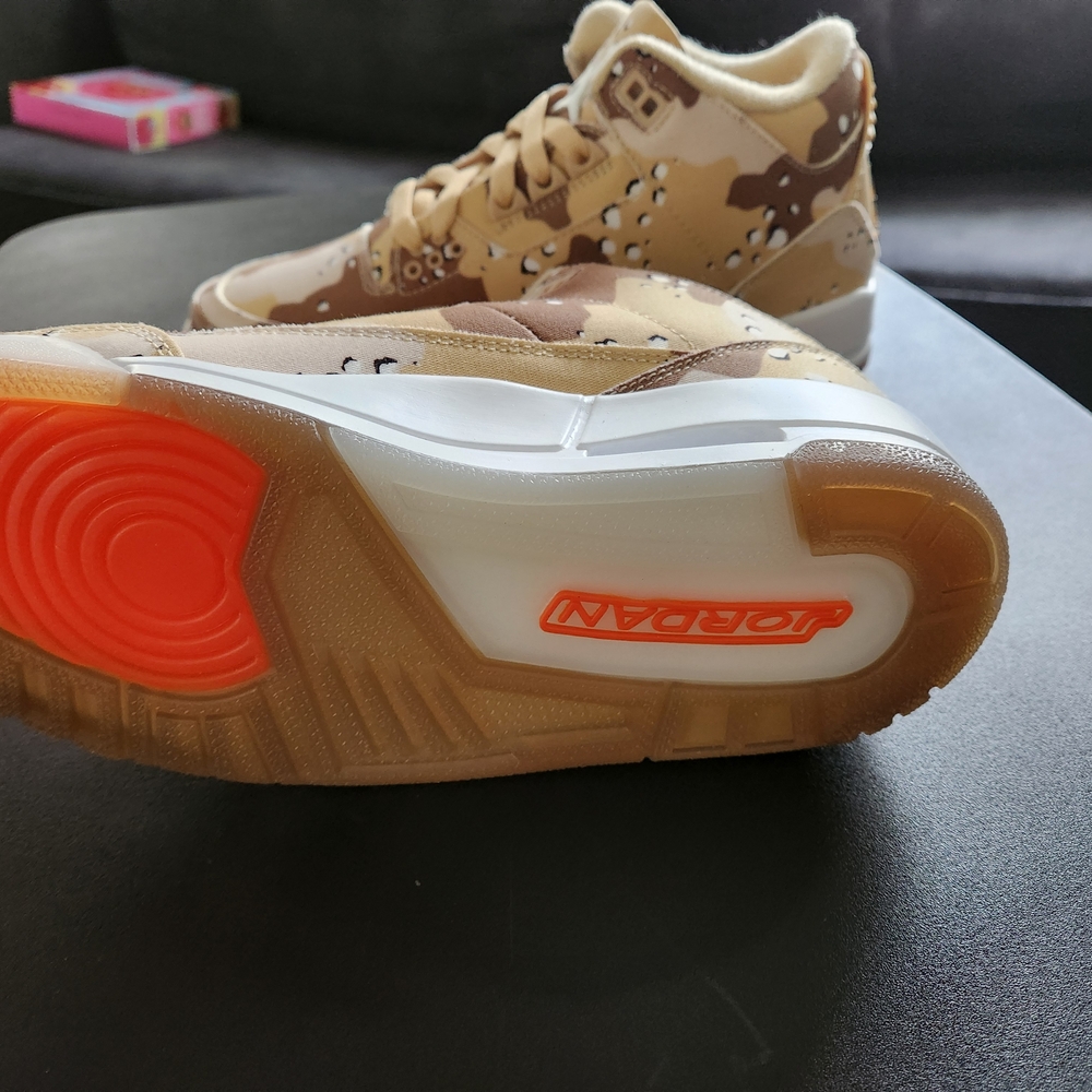 Jordan Tan and Orange Athletic Shoes with Camouflage Design